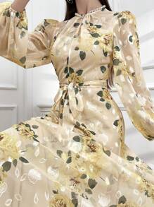 Modelyn 女士綁帶式摺紋燈籠袖阿拉伯假日連衣裙 - 杏色 - 查看 6