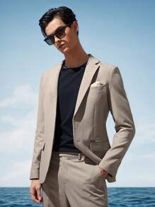 AKNOTIC Business Casual 易护理男士亚麻梭织商务西装外套，适合秋冬穿着 - 卡其色 - 查看 15