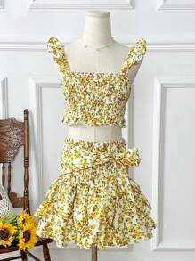 Soleia Women's Floral Print Cap Sleeve Ruffled Top With Bow & Ruffled Trim Layered Skirt 2pcs/Set - Yellow - View 4