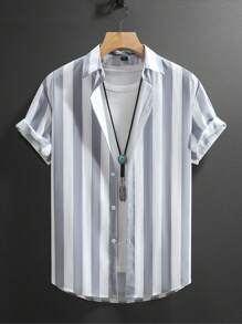 Manfinity Homme Summer Striped And Printed Short Sleeve Shirt With Lapel Collar And Buttons At The Front - Multicolor - View 1