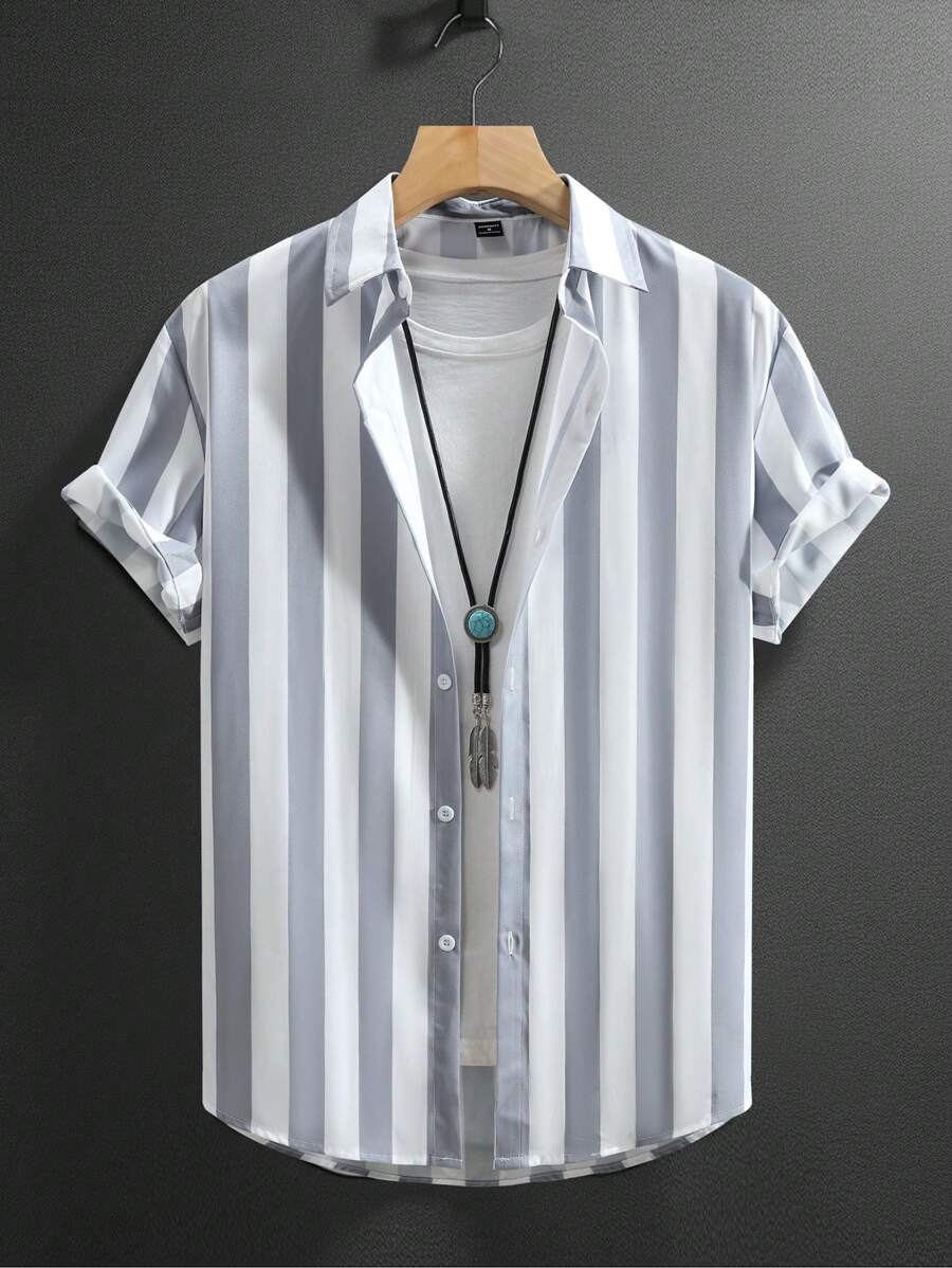Manfinity Homme Summer Striped And Printed Short Sleeve Shirt With Lapel Collar And Buttons At The Front - Multicolor - View 1