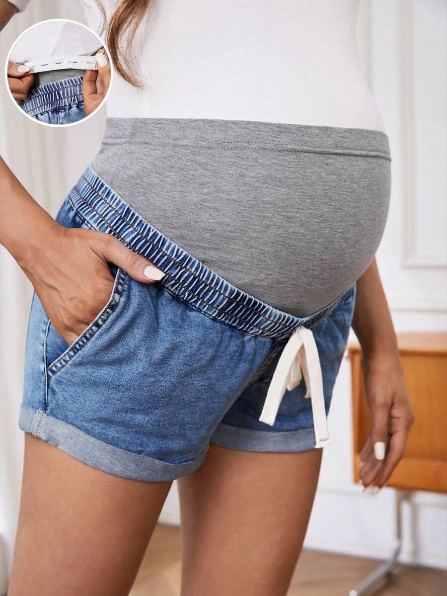 SHEIN Shorts de Maternidade Descontraídos de Cintura Baixa em Jeans Para Uso Casual - Azul - Visão 1