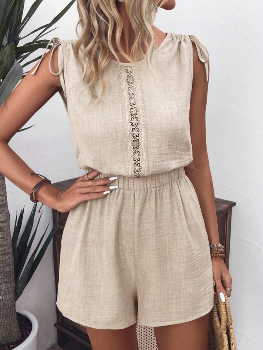 EMERY ROSE Women's Solid Color Lace Patchwork Sleeveless Jumpsuit For Vacation - Apricot - View 1