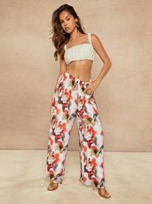 Hauture Plisse Print Elastic Waist Casual Wide Leg Pants - Multicolor - View 5