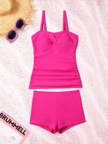 SHEIN Swim Women Fashionable Solid Color Backless Tankini With Waist Cinching,Summer Beach - Hot Pink - View 2