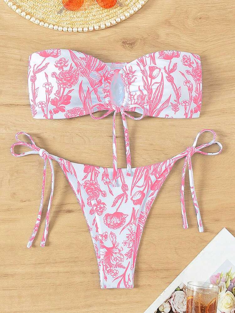 Summer Beach Women Vacation Floral Printed Hollow Out Knot Simple Fashion Bikini Set With Random Print