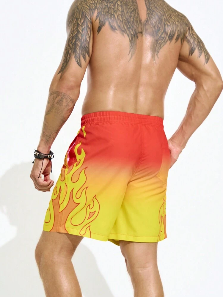 Men Casual Flame Print Ombre Beach Shorts For Vacation