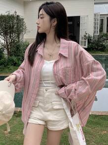 DAZY 女性鬆身長袖休閒春夏日常襯衫 - 粉色 - 查看 6