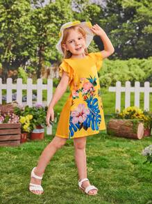 SHEIN 少女沙灘渡假聚會優雅白裙搭配草帽和皮帶，雙層燕尾袖，圓領，水滴釦，火烈鳥和大花印花，A字型下擺 - 芥末黃 - 查看 3