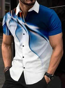 Manfinity Homme 男士印花休閒短袖襯衫，適用於春夏季節，修身版型鈕扣翻領彩色圖案襯衫 - 彩色 - 查看 1