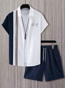 Manfinity Homme Men's Short Sleeve Color Block Collared Shirt And Shorts Set, Going Out