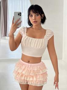 Sweetina Y2k Summer Spring Outfits Puff Sleeve, Lace, Ruched, And Frilled Decoration Fitted T-Shirt