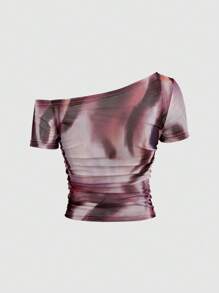 Sweetra Summer Ladies' Tie-Dye Asymmetrical Collar Short Sleeve Ruched Slim-Fit Summer Top Y2K Outfit  - Multicolor - View 2