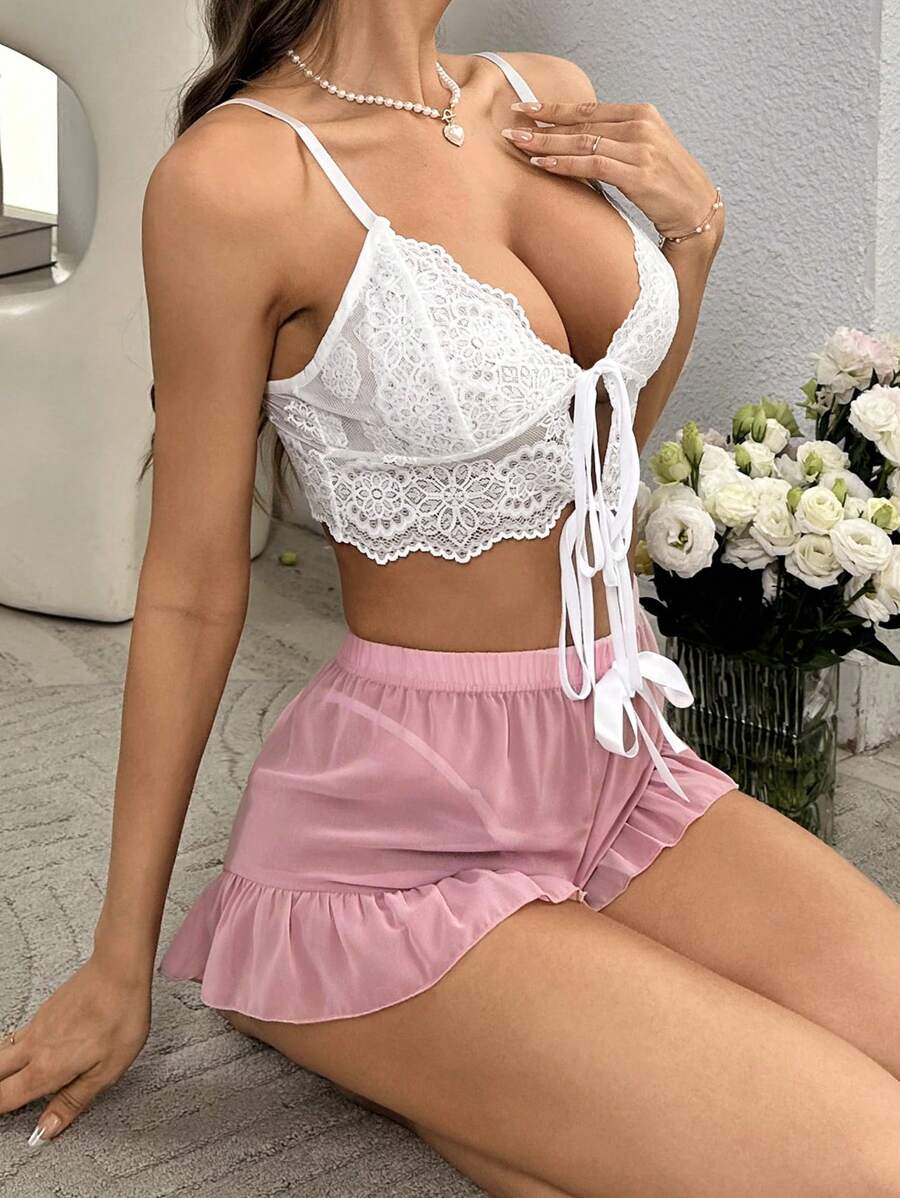 Ladies" Summer Solid Color Lace Spaghetti Strap See-Through Ruffle Hem Shorts Pajamas Set - Multicolor - View 1