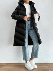 SHEIN Tall Tall  Solid Color Drawstring Hooded Zipper Decor Casual Padded Jacket - Black - View 5
