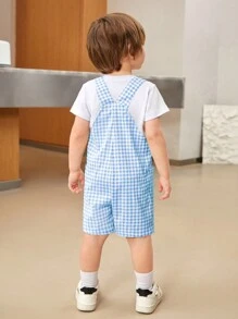 SHEIN 1pc Young Boy Casual College-Style Simple & Practical Comfortable Fashionable Soft And Breathable Overall With Straps In College Blue Plaid Fabric, Suitable For Spring And Summer Seasons. - Blue - View 2