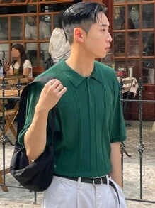 DAZY Camisa de punto de unicolor de verano para hombre, atuendo de negocios - Verde Oscuro - Ver 2