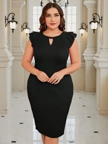 SHEIN Clasi Plus Size Màu trơn có lỗ khóa Cổ đầm khoét hở lưng - màu đen - Xem 2