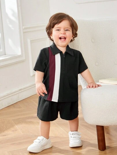 SHEIN 寶寶男孩休閒色塊短袖POLO衫彈性腰短褲套裝