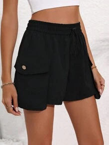 SHEIN Allurite Women Drawstring Workwear Pocketed Wide-Leg Loose Shorts
