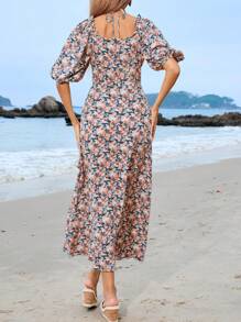 Mulvari Vestido árabe de manga abullonada con estampado floral completo para mujer