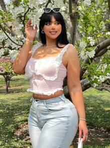 SHEIN WYWH Camisole de verano para mujeres de talla grande con textura de encaje y parches de tela empalmada