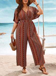 SHEIN Clasi 大码女式波西米亚风度假风格花卉印花 V 领蝙蝠袖宽腿宽松连体裤，适合夏季