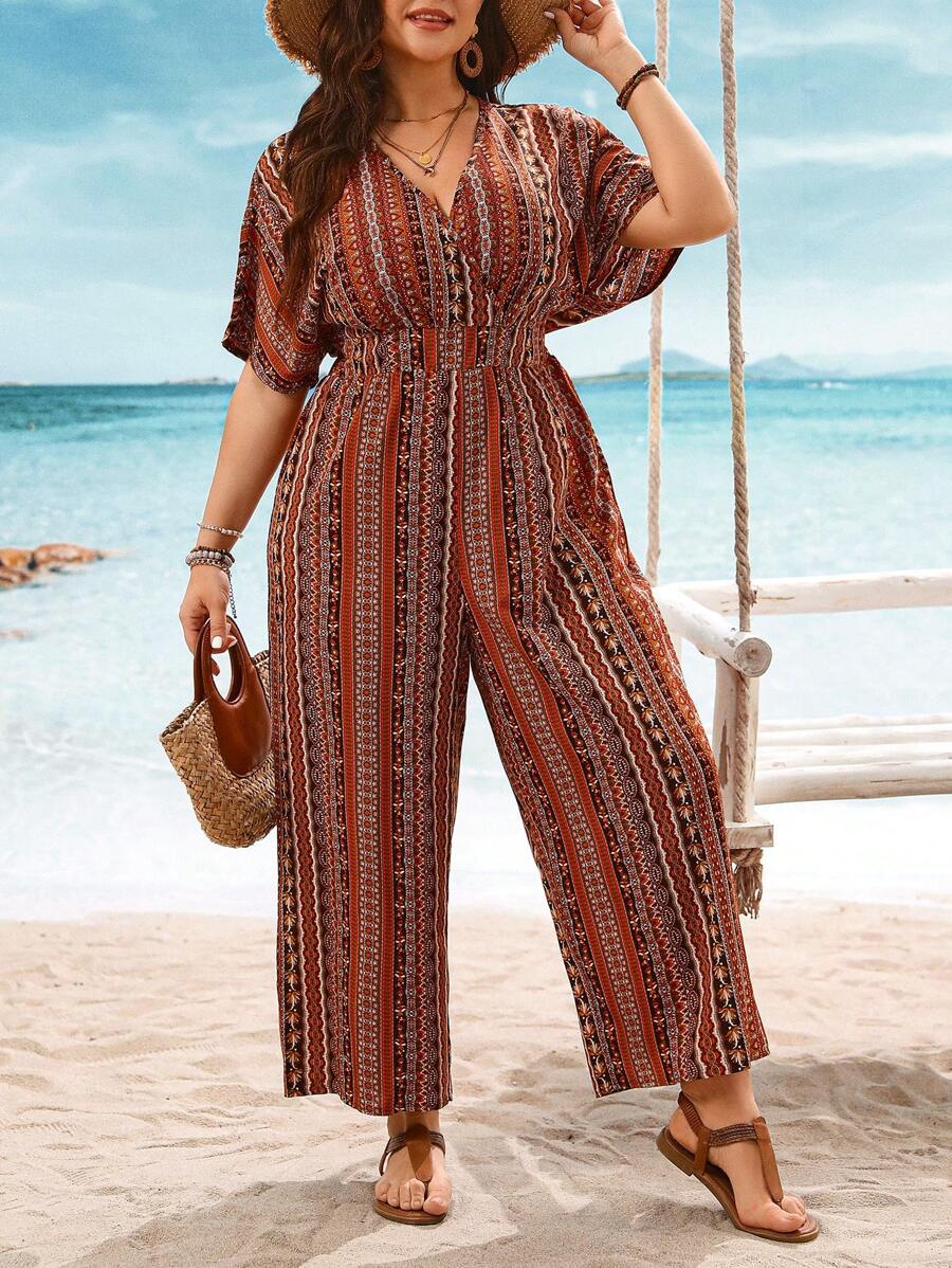 SHEIN Clasi 大码女式波西米亚风度假风格花卉印花 V 领蝙蝠袖宽腿宽松连体裤，适合夏季