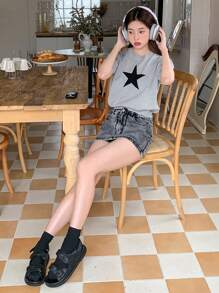 DAZY 圆领针织短袖星星图案上衣 Y2k 夏季 - 灰色 - 查看 2