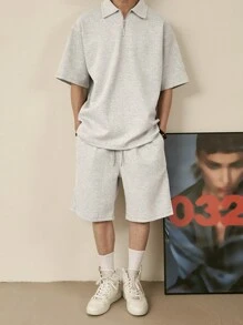 DAZY 男士夏季純色寬鬆休閒短袖Polo衫和短褲套裝 - 灰色 - 查看 5