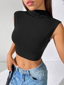 INAWLY Top corto de tirantes anchos, cuello alto y unicolor informal de verano para mujer - Negro - Ver 1