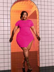 Maweii Plus Size Nữ Mùa Hè Cổ Tròn Tay Ngắn Rỗng Ra Slim Fit Khe Bên Hông Gợi Cảm - Màu Hồng Tươi - Xem 3