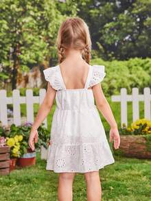 SHEIN Cô Gái Trẻ Mùa Xuân Và Mùa thu Giải trí Tua Trang trí Rỗng Thêu Ruffle Váy Dây - trắng - Xem 2