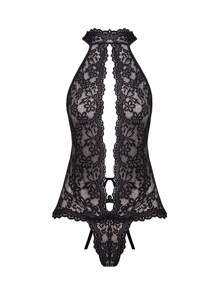 Sexy Neckholder-teddy-bodysuit Aus Schwarzer Spitze Mit Cut-outs