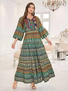 Plus Size Embroidered Notched-Neck Ruffle Hem Floral Dress With Cinching Waist - Mint Green - View 4