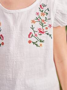 SHEIN Young Girl Floral Embroidery Ruffle Trim Blouse - White - View 5