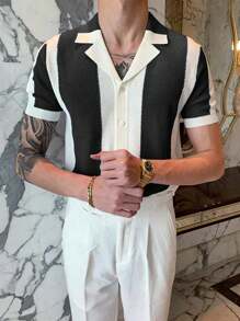 Men Color Block Lapel Collar Knit Crochet Top - Black and White - View 4