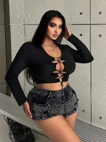 Flirla Talla grande Camiseta crop con cordón delantero - Negro - Ver 6