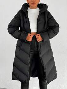 EURMUSE Plus Size Hooded Zipper And Pocket Winter Coat - Black - View 1