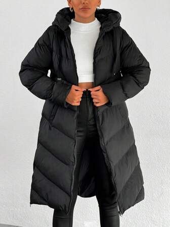 SHEIN PETITE Petite Solid Color Drawstring Hooded Zipper Decor Casual Padded Jacket