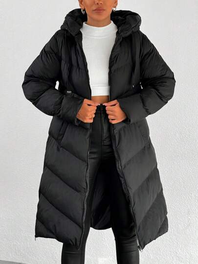 SHEIN PETITE Petite Solid Color Drawstring Hooded Zipper Decor Casual Padded Jacket