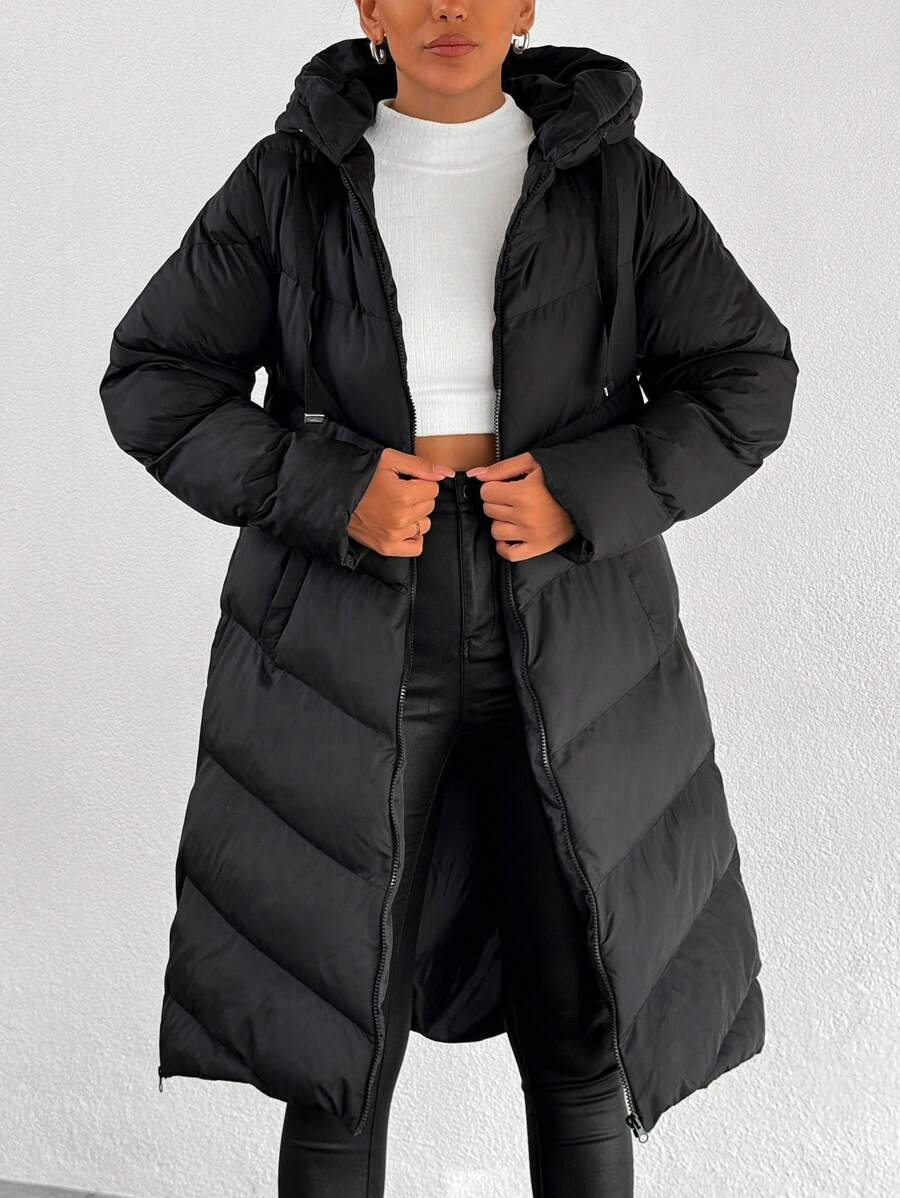 EURMUSE Plus Size Hooded Zipper And Pocket Winter Coat - Black - View 1