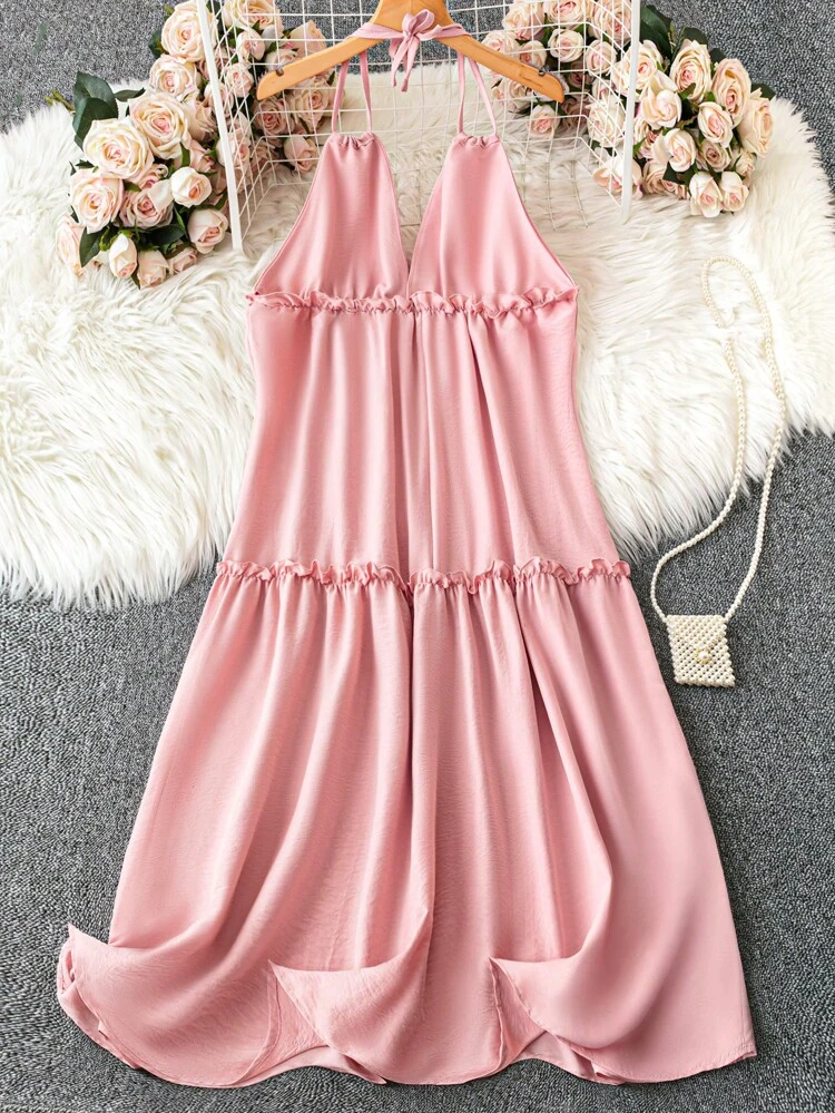 Plus Size Women Summer Solid Color Splice Frill Trim Halter Neck Tie Simple And Elegant Sundress