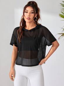 SHEIN Dewbera 女性純色下垂肩短袖寬鬆透視帽裝運動衛衣 - 黑色 - 查看 4