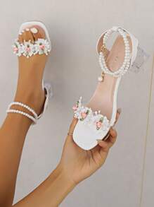 Frauen Sommer Neue Mode Floral Kristall Starke Ferse High Heels Fee Stil Faux Perle Schuhe