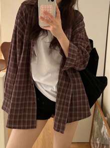 DAZY 女士宽松格子翻领长衬衫、长袖上衣、秋装、法兰绒女装 - 紅色 - 查看 6
