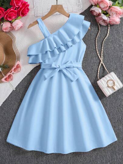 SHEIN Explorewe Tween flicka dubbla lager volanger asymmetrisk hals semester klänning sommar