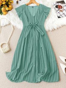 SHEIN Clasi Plus Size Spring/Summer Casual Striped Front Button-Up Dress Maxi Women Outfit