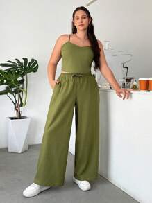 SHEIN EZwear Women Plus Size Summer Casual Linen Texture Tank Top And Long Pants Set
