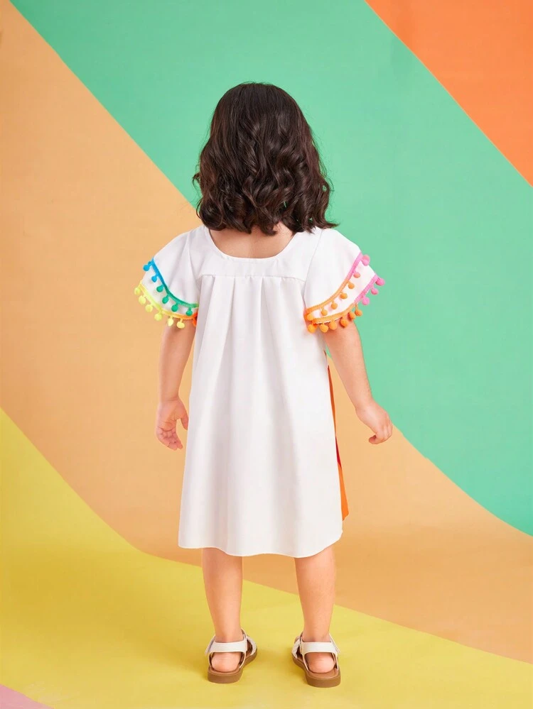 Young Girl Warm Vacation Rainbow Brush Printed Smocked Collar Flutter Sleeves Car & Rainbow Ball & Tassel Decorated Casual Dress For Summer